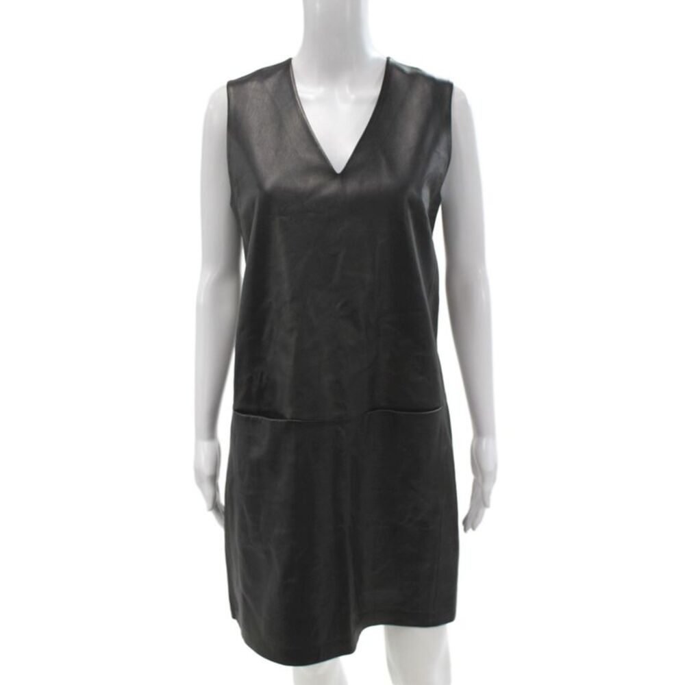 Vince Women Shift Dress Black Leather V Neck Sleeveless Zip Above Knee Size 6